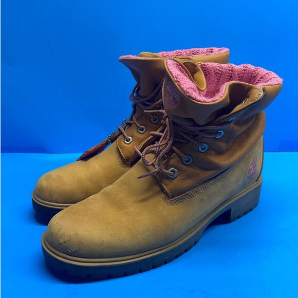 TIMBERLAND Women's sz 10 M Boots Shoes Tan Leather with Pink Lined Fold Over - Picture 2 of 10